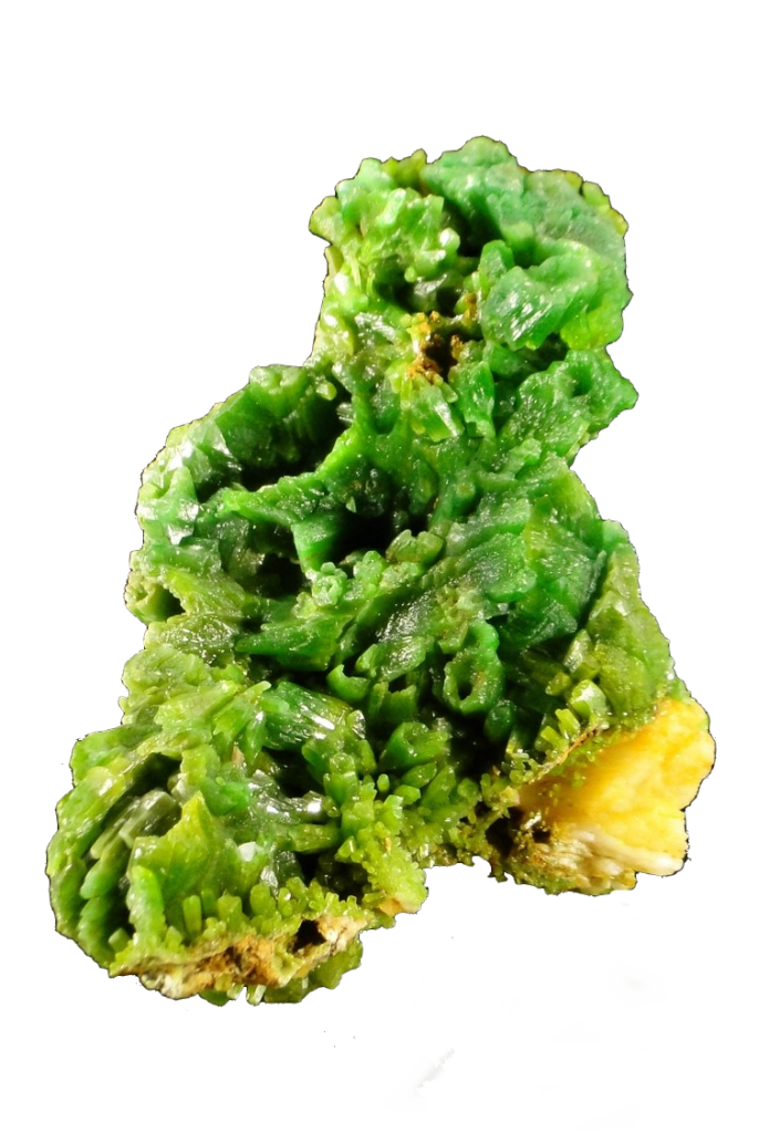 C'est une pyromorphite de la mine des Farges, en Corrèze. Gisement célèbre pour ses minéraux, les collectionneurs et minéralogistent adorent ce genre de pièce au vert éclatant.
