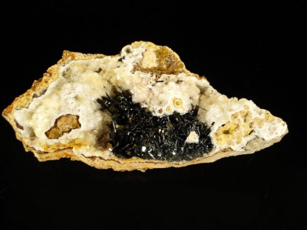 Ce sont des cristaux de goethite noirs sur des cristaux de quartz blanc, une pièce pour collectionneur de minéraux.