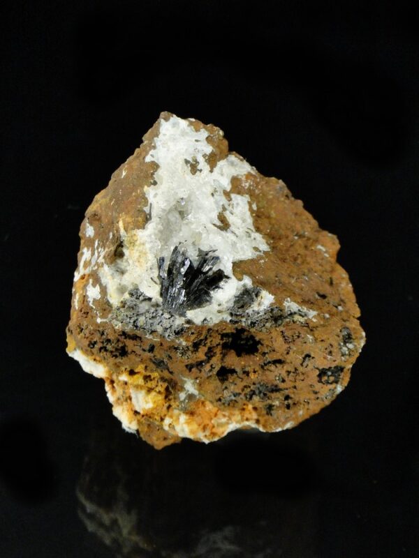 Ce sont des cristaux de goethite noirs sur des cristaux de quartz blanc, une pièce pour collectionneur de minéraux.