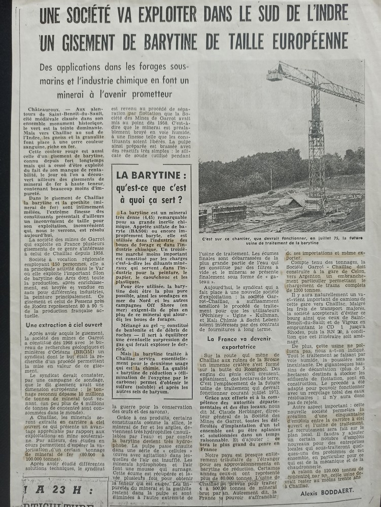 Article de journal annonçant le début des travaux pour la mine carrière des Redoutières à Chaillac.